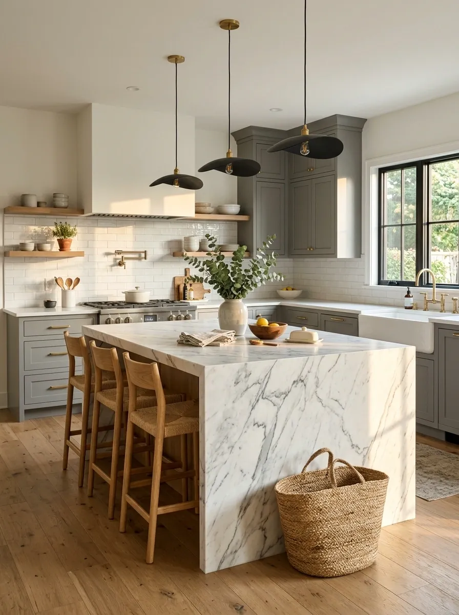 Elegant Gray Kitchen With a White Waterfall Island