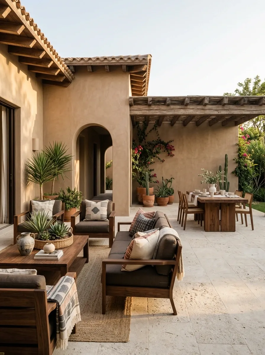 Elegant Mexican Courtyard With Limestone, Walnut, and Soft Clay Tones