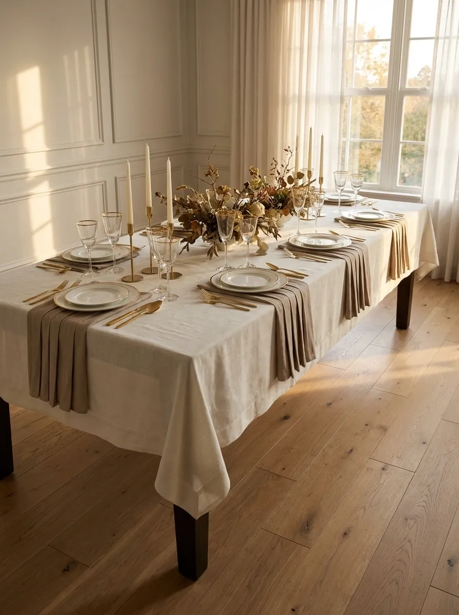 Elegant Neutral Thanksgiving Table With Pleated Linen and Gold Details