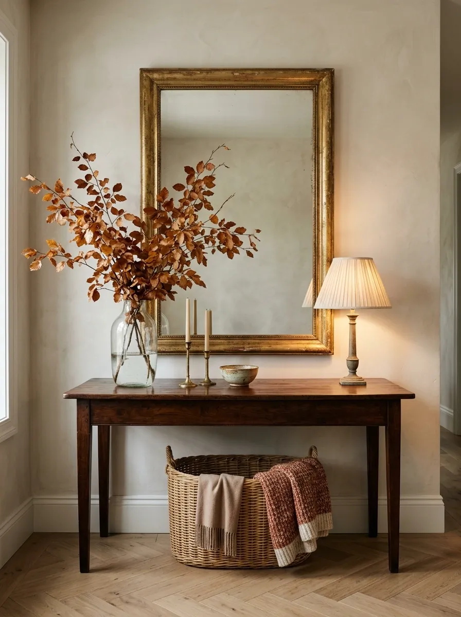Elegant Thanksgiving Entryway With Natural Branches and Antique Wood