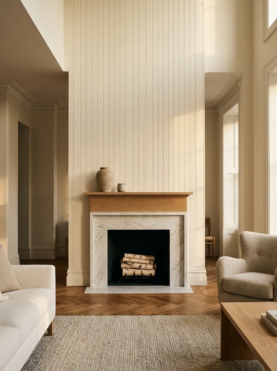 Elegant Townhouse Fireplace With Vertical Shiplap and Marble