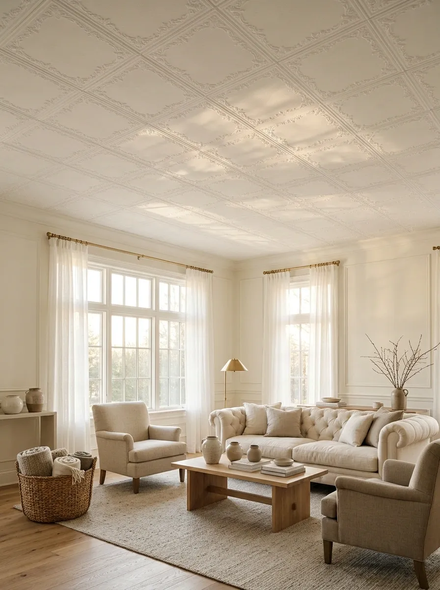 Embossed Ceiling Tiles in a Soft Traditional Living Room