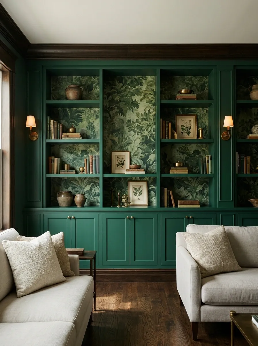 Emerald Green Alcove Shelves With Painterly Botanical Wallpaper