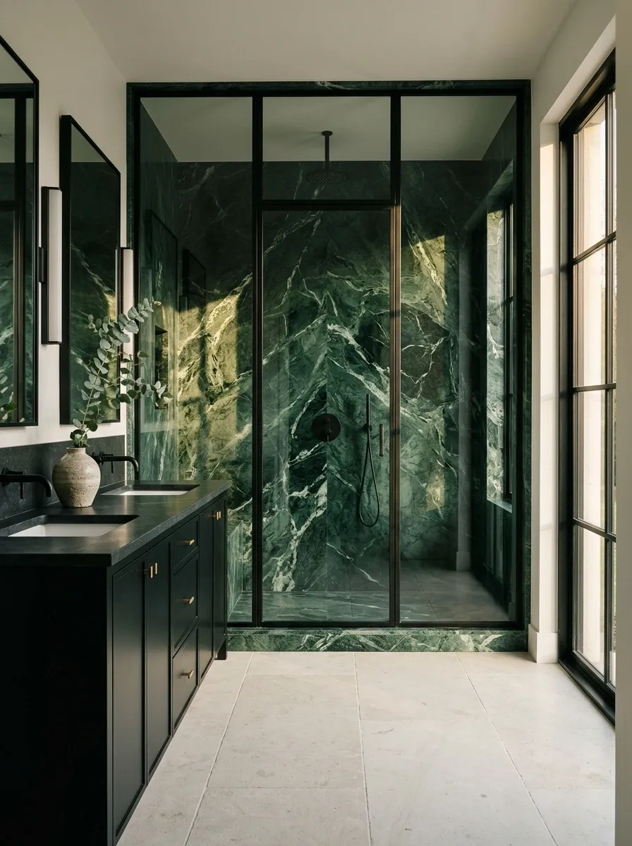 Emerald Green Marble Bathroom With Architectural Black Detailing