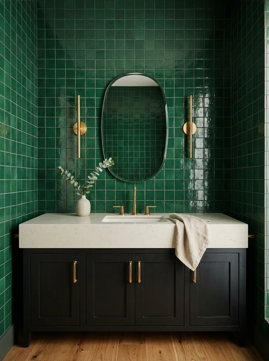 Emerald Green Square Tile With a Dark Vanity