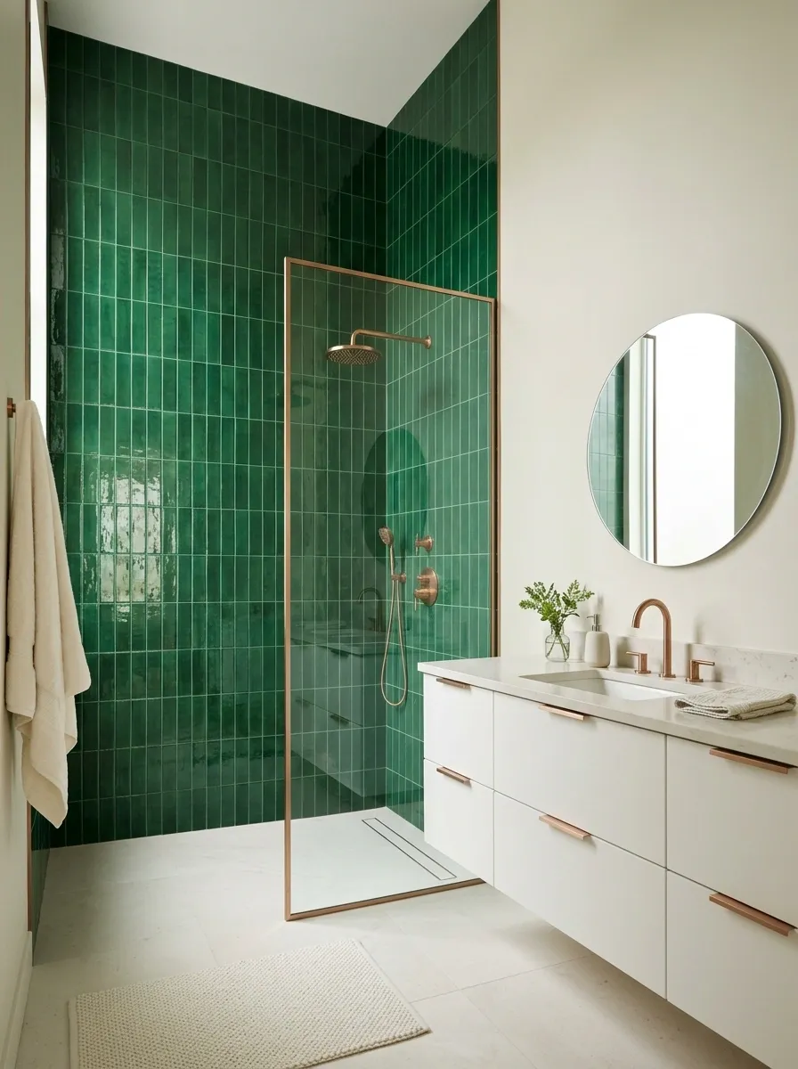 Emerald Green Tile Bathroom With Rose Gold Fixtures