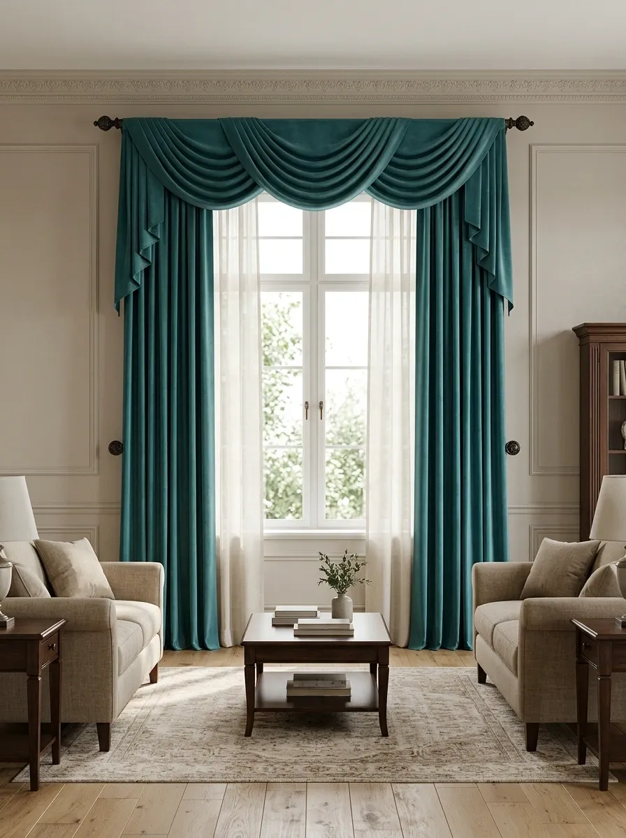 Empire Curtains With Rich Swags and Framing Side Panels