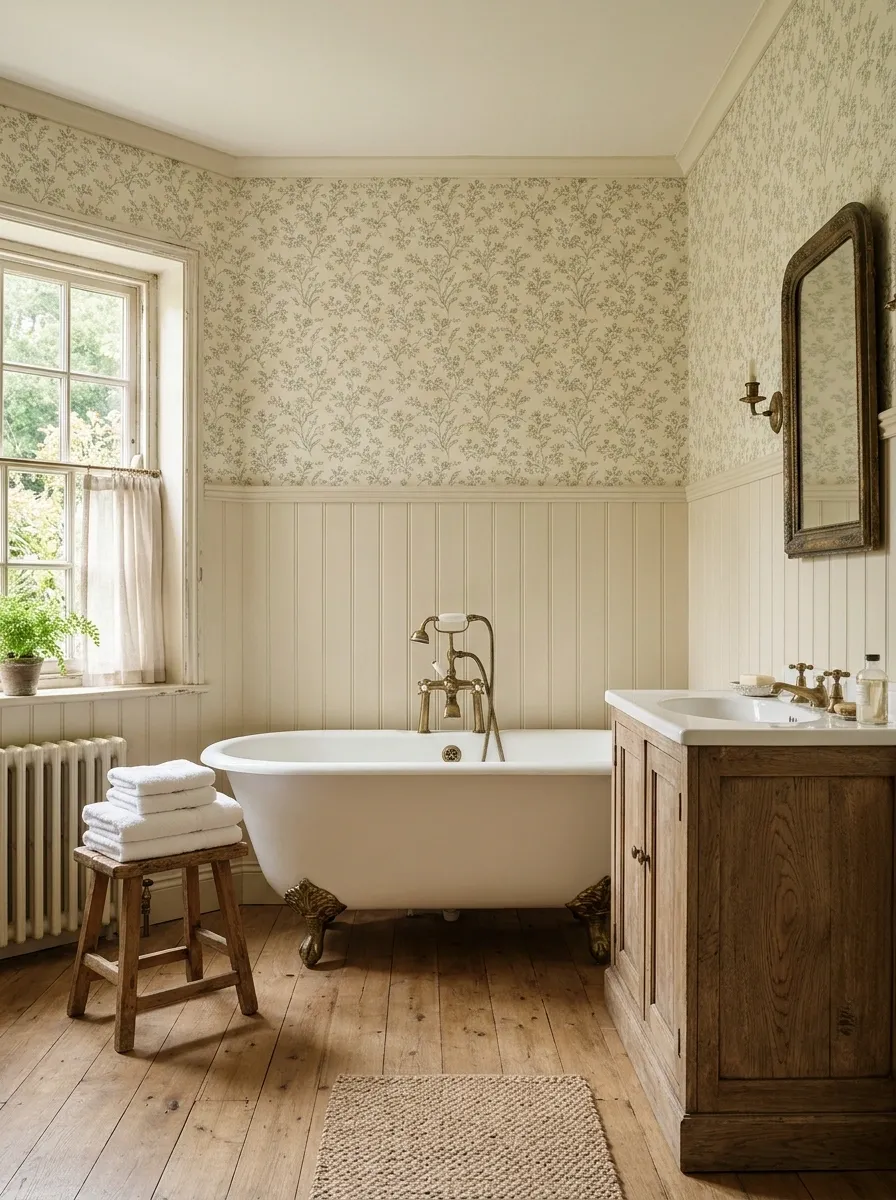 English Cottage Bathroom With Floral Wallpaper and a Clawfoot Tub