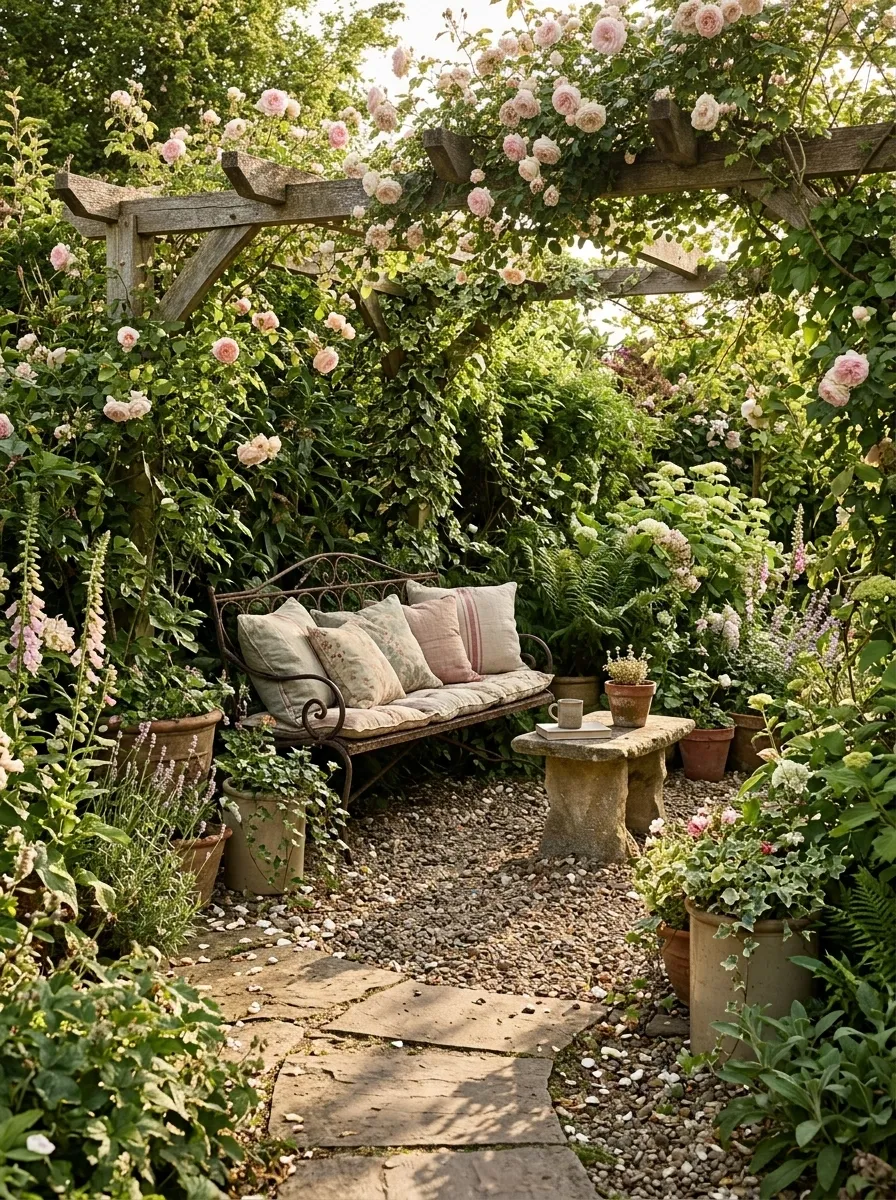 English Cottage Seating Nook With Romantic Garden Details