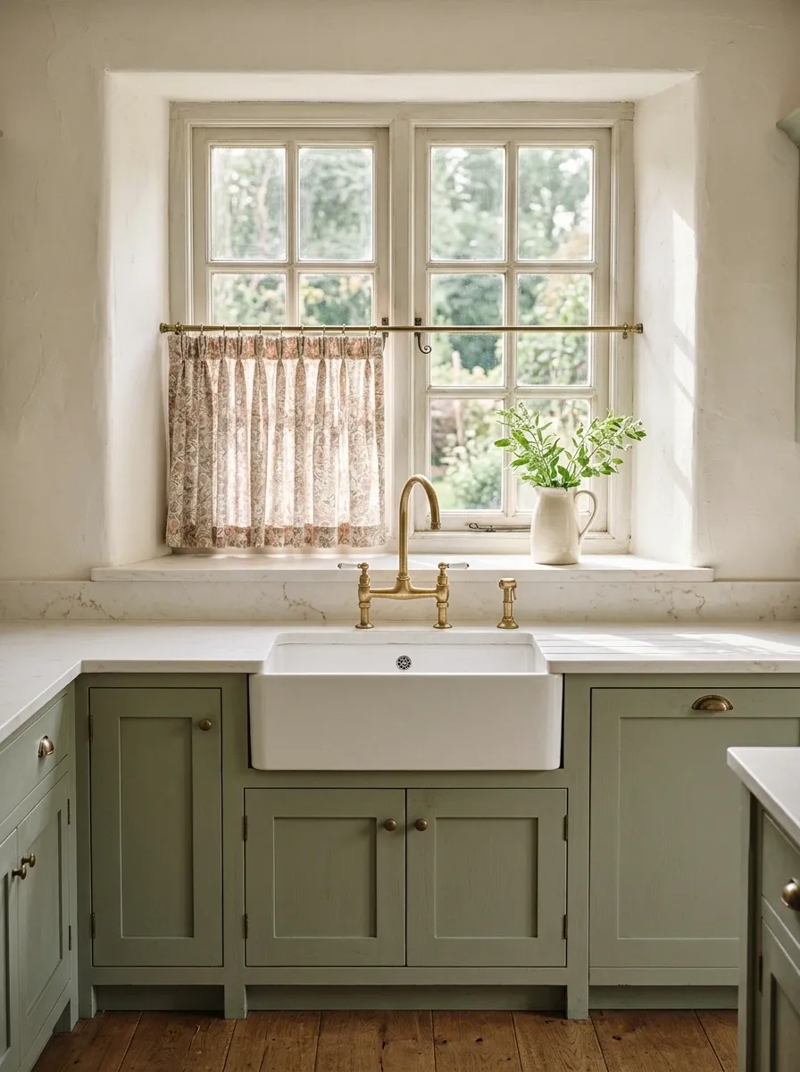 English Cottage Sink Window With Floral Cafe Curtains