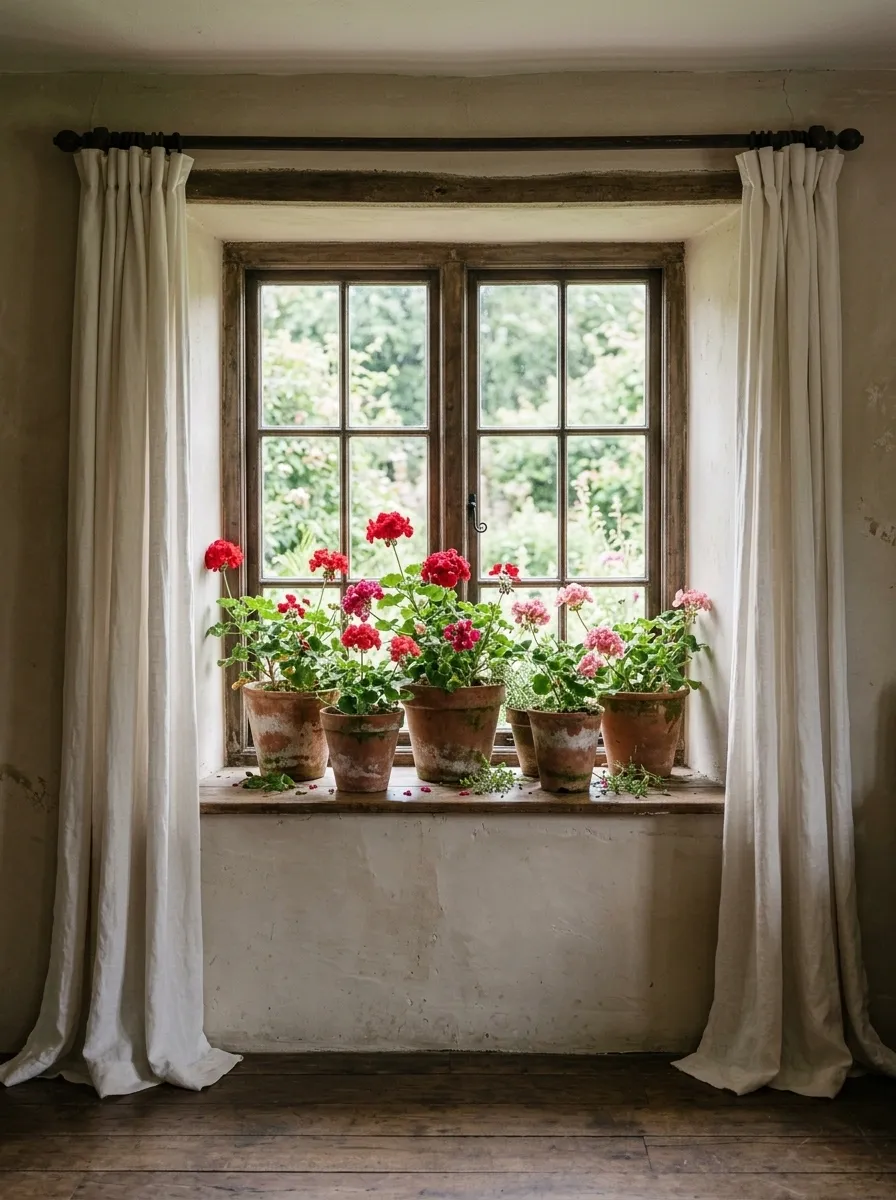 English Cottage Window With Geraniums and Soft Linen