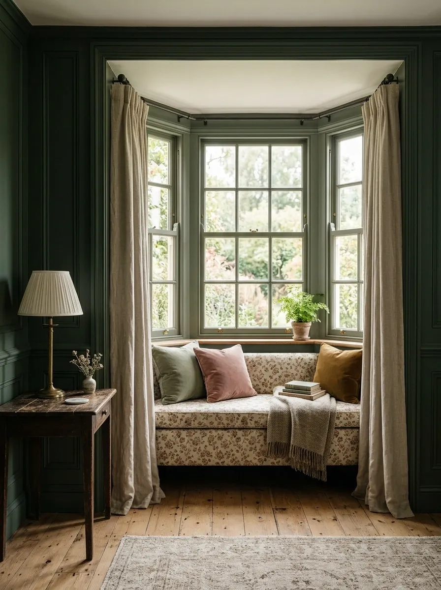 English Country Bay Window With Deep Green Walls and Floral Upholstery