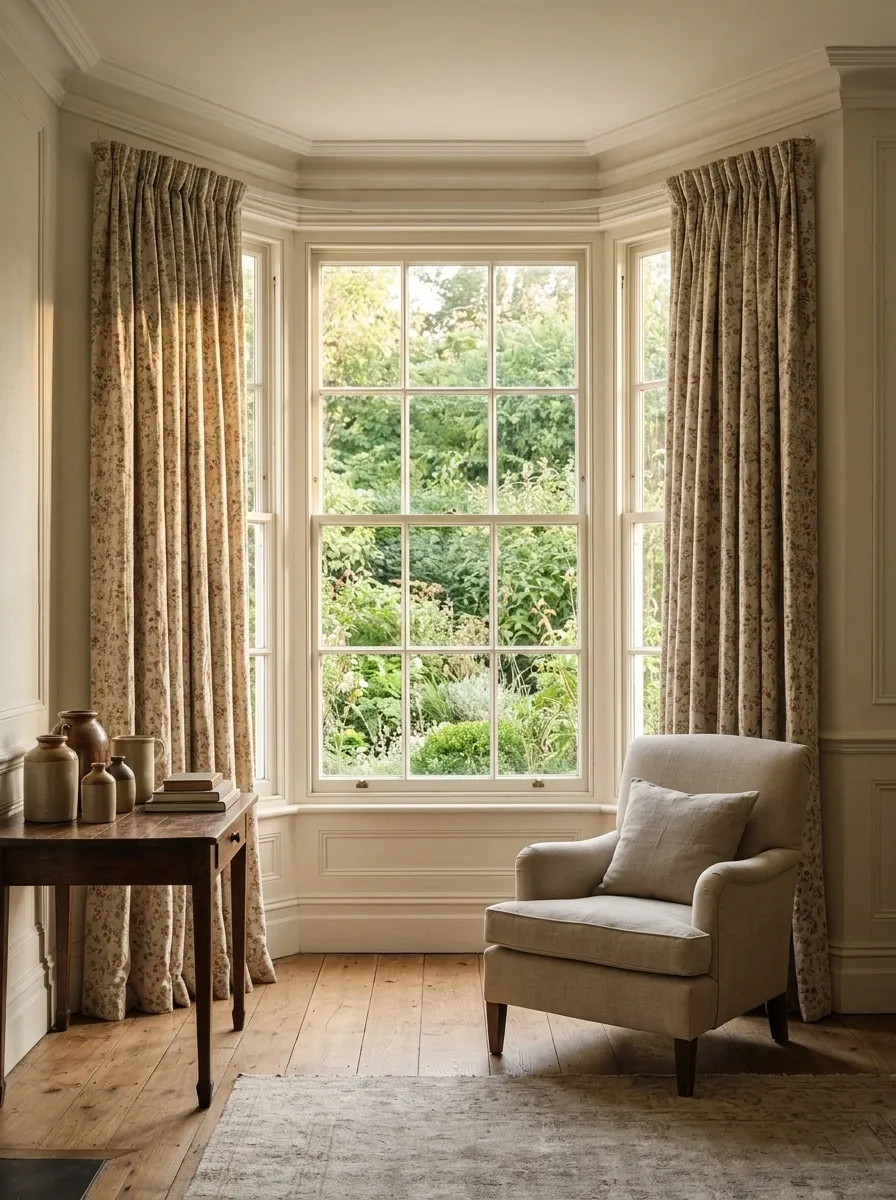 English Country Bay With Muted Floral Cotton Curtains