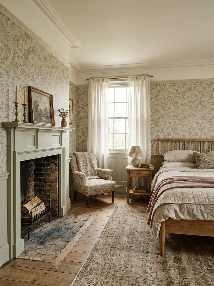 English Country Bedroom With Painted Mantel and Patterned Wallpaper