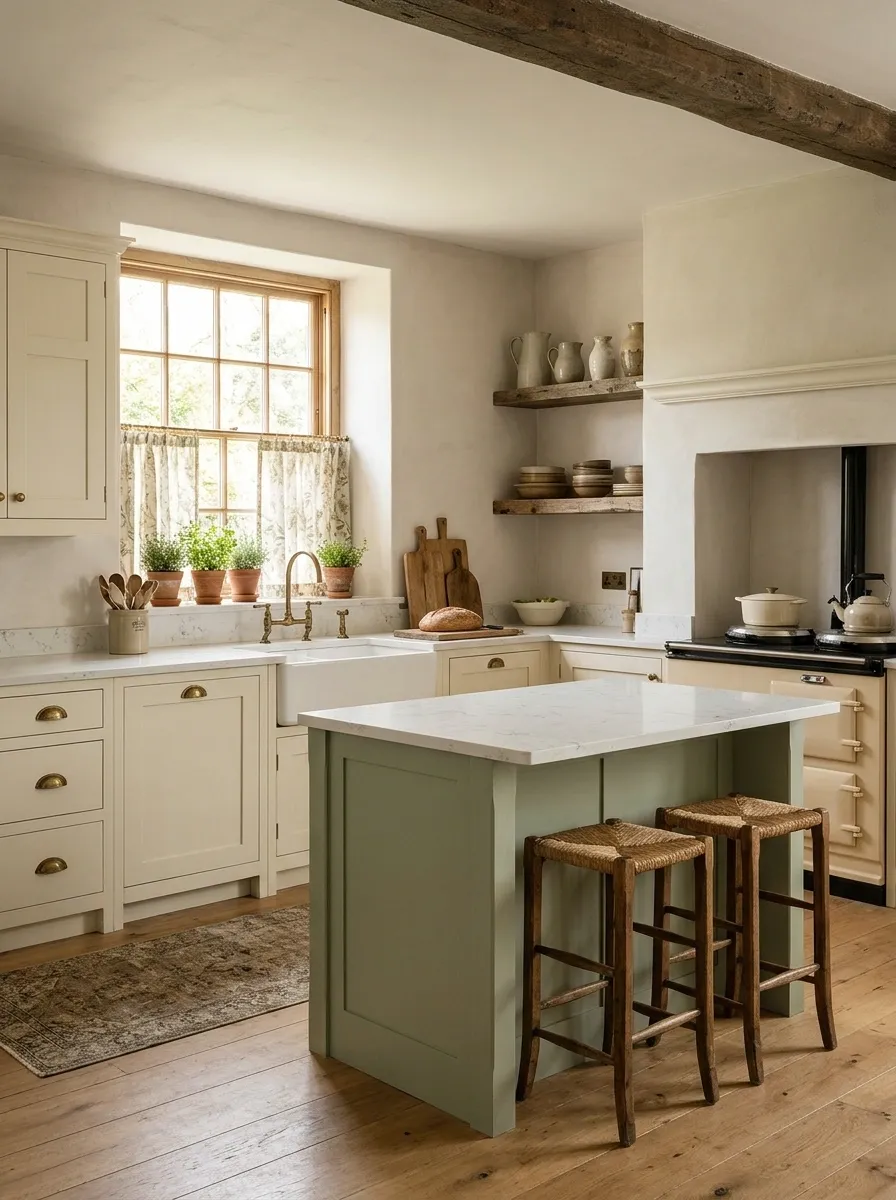 English Country Kitchen With a Painted Island and Café Curtains