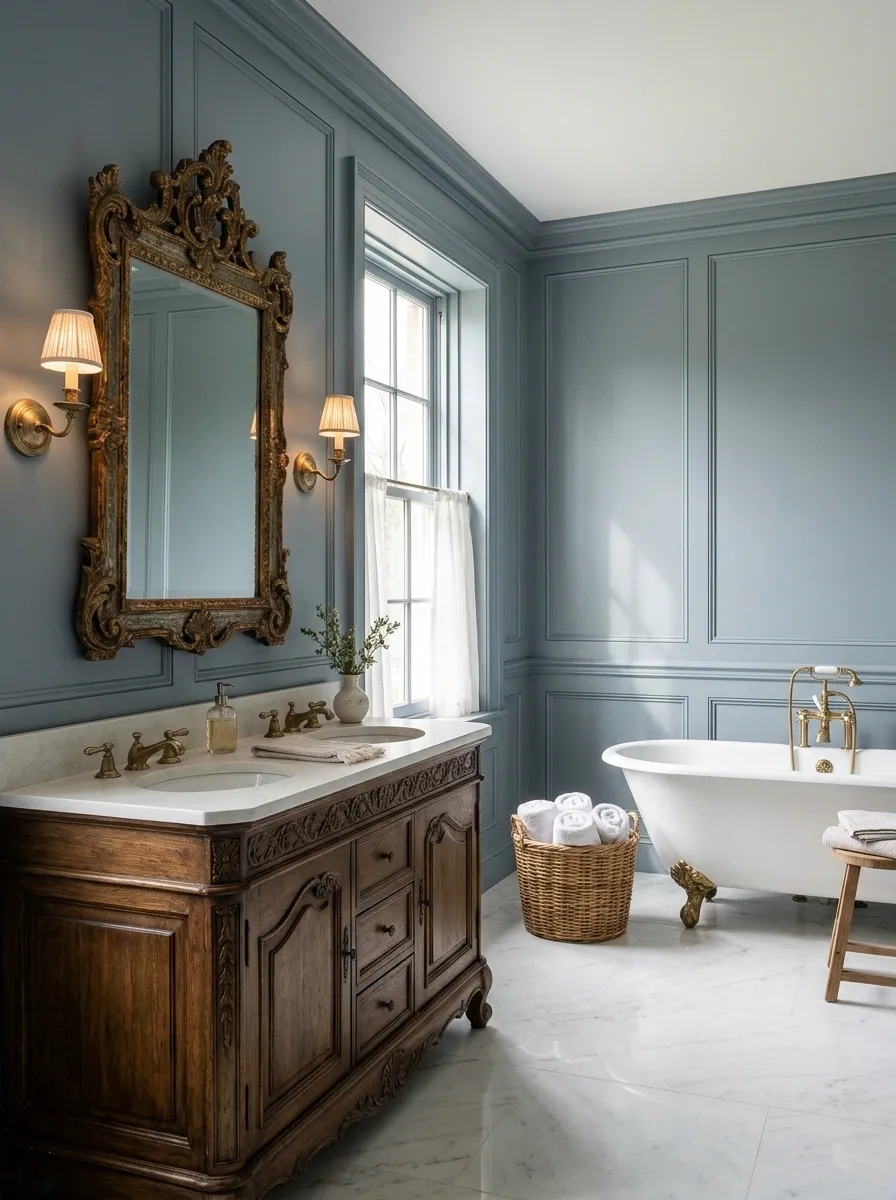 English Country Manor Bathroom With Marble and Antique Furniture