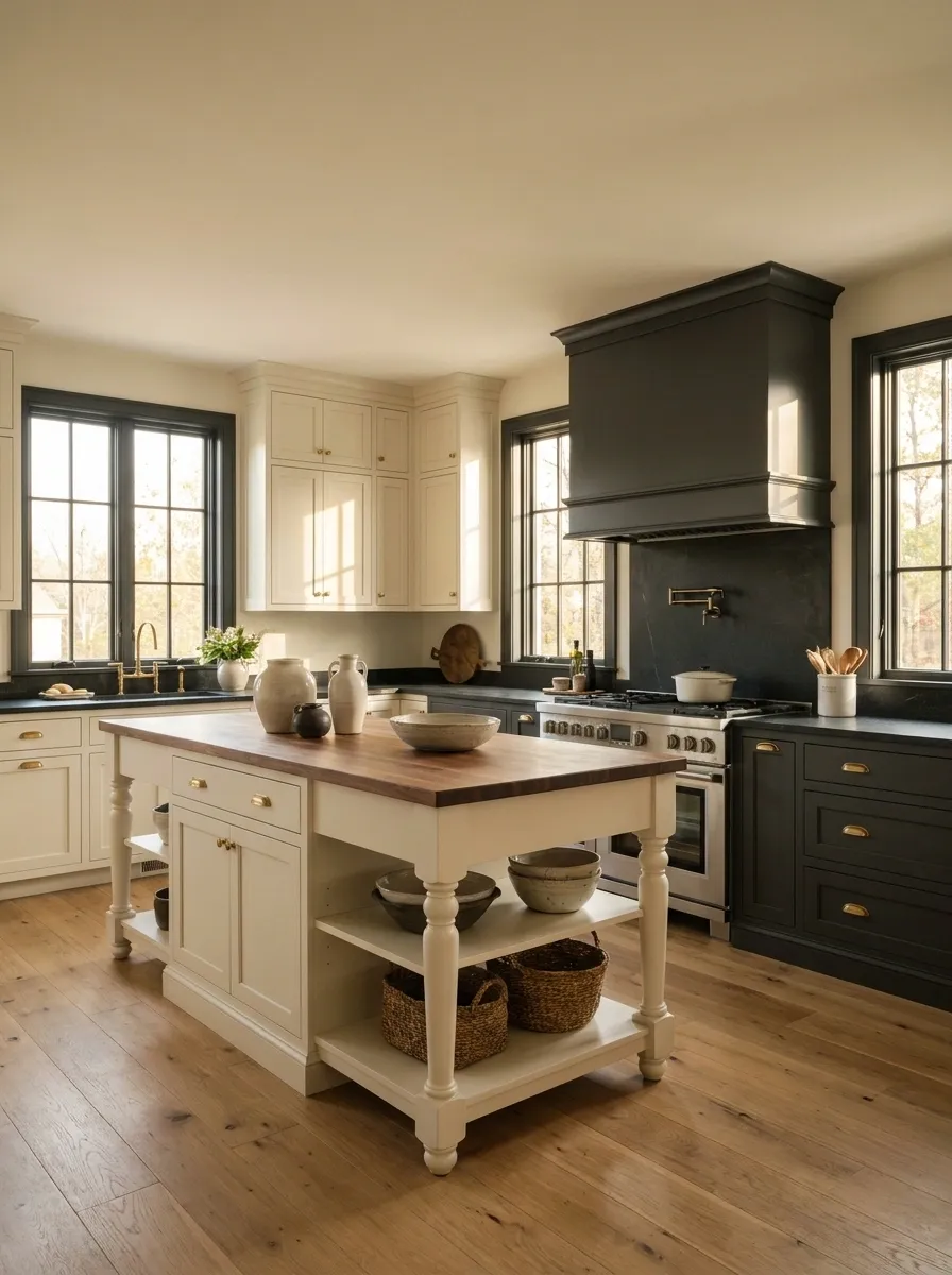 English-Inspired Kitchen With Creamy White Cabinets and Charcoal Accents