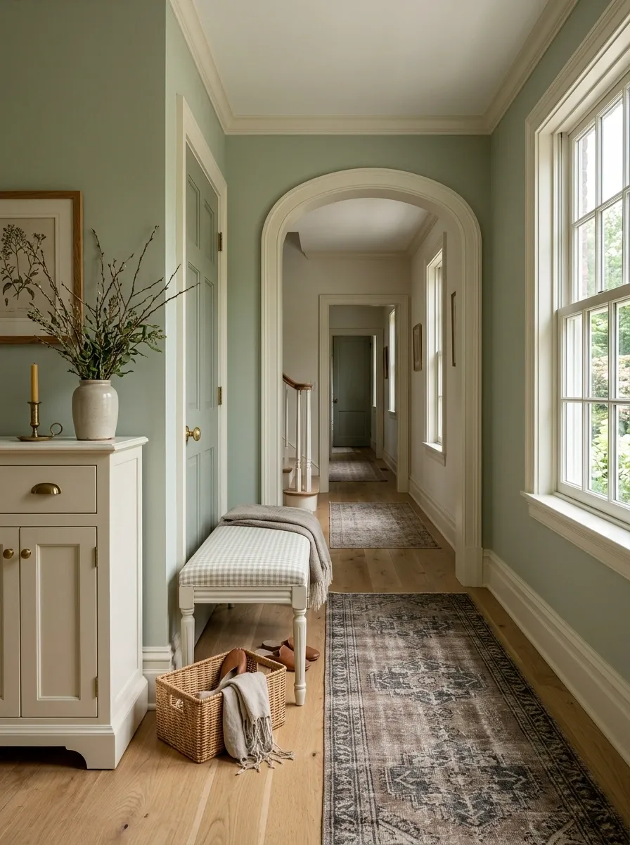 English-Inspired Sage Entry With Cream Trim and Checked Fabric