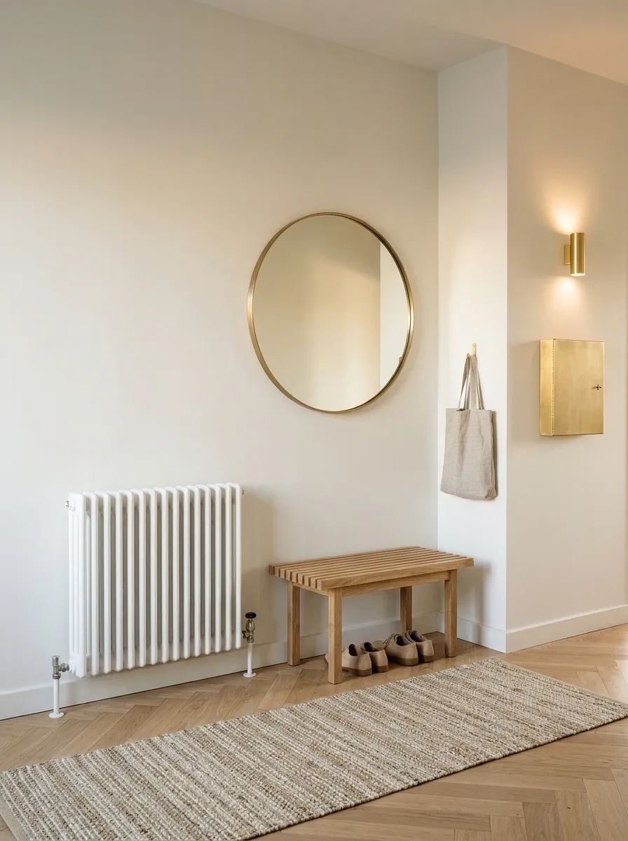 Entry Corner Beside a Radiator With Wall Storage on the Return