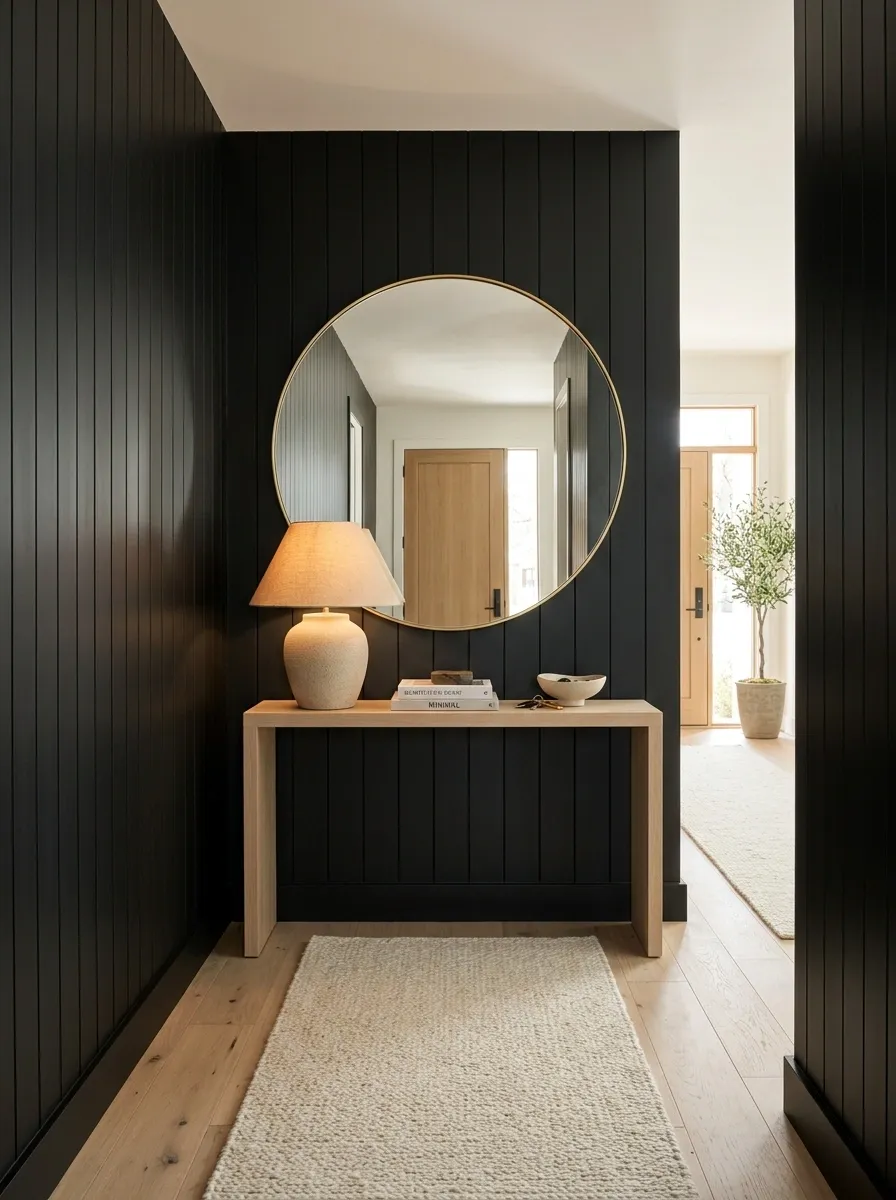 Entry Hall With Full-Height Black Beadboard and Pale Oak Console