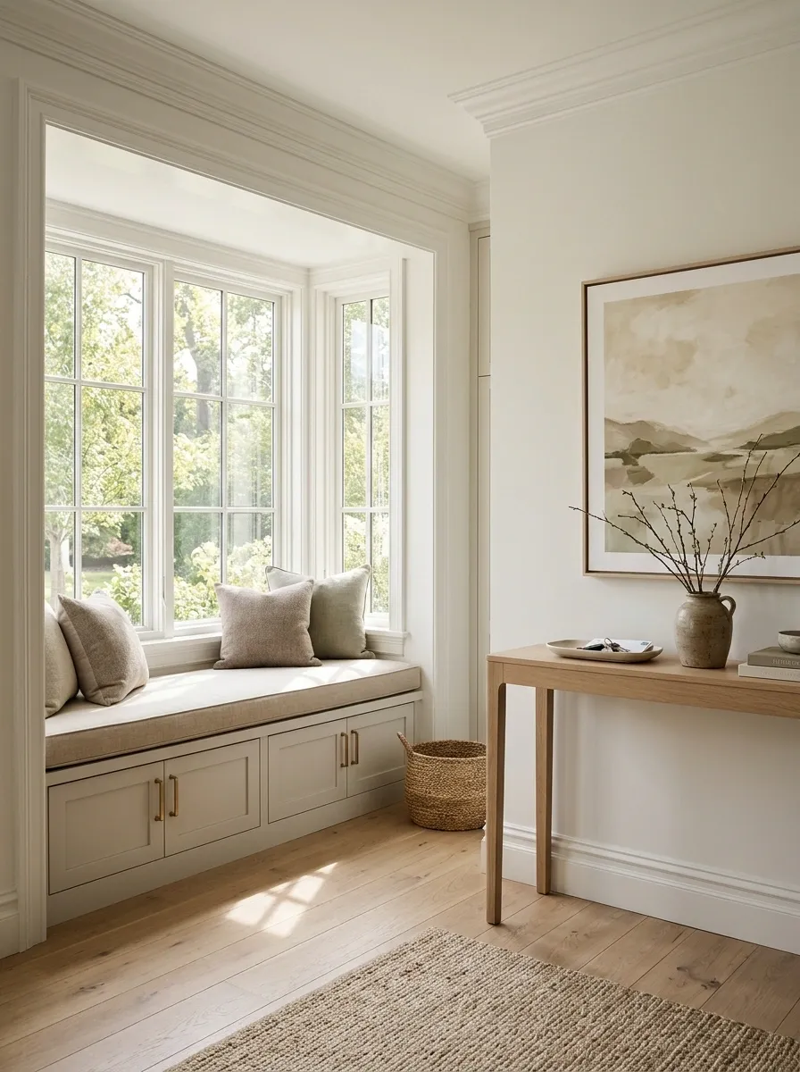 Entryway Bay Window With a Tailored Storage Bench and Slim Console