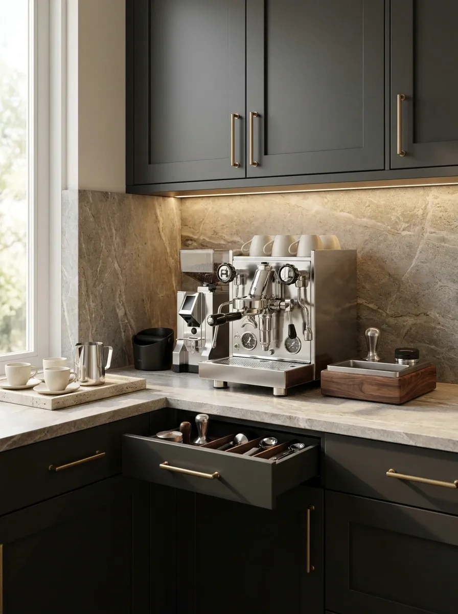 Espresso Station With a Dedicated Grinder and Accessory Drawers