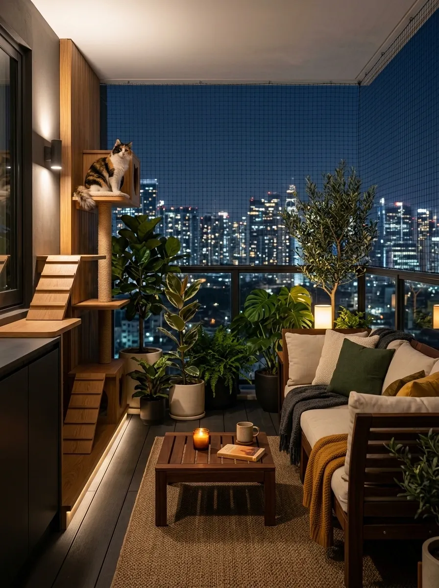 Evening Balcony With Warm Lighting and Elevated Cat Perches