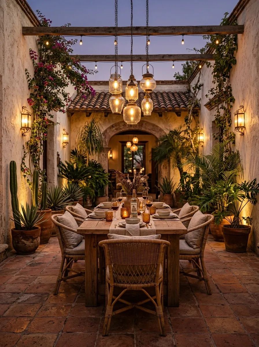 Evening Mexican Patio With Layered Lantern Lighting