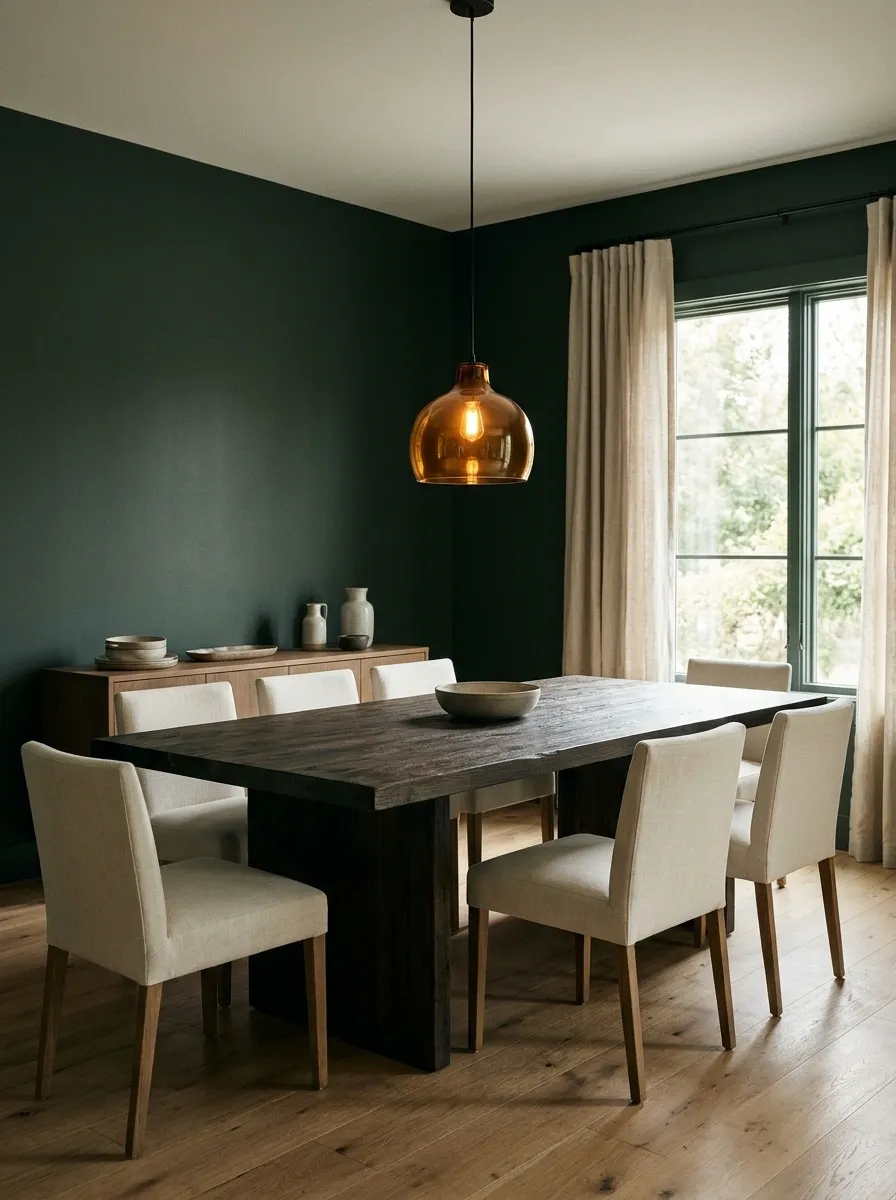 Evergreen Dining Room With a Dark Table and Amber Lighting