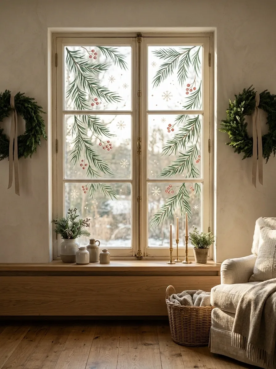 Evergreen Sprigs, Red Berries, and Snowflakes