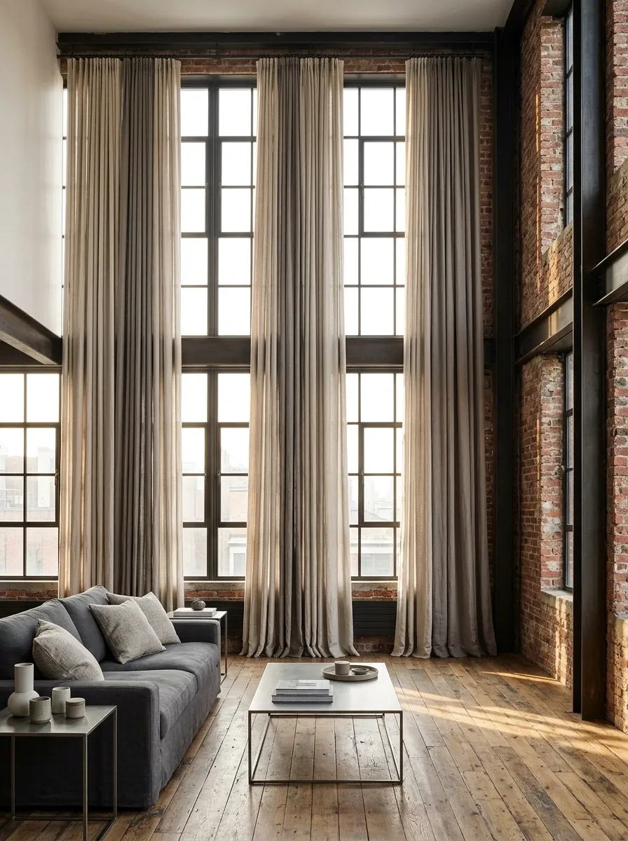 Extra-Long Drapes in an Industrial Loft With Tall Steel-Framed Windows