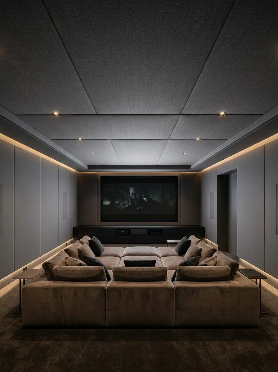 Fabric-Wrapped Ceiling Panels in a Home Theater