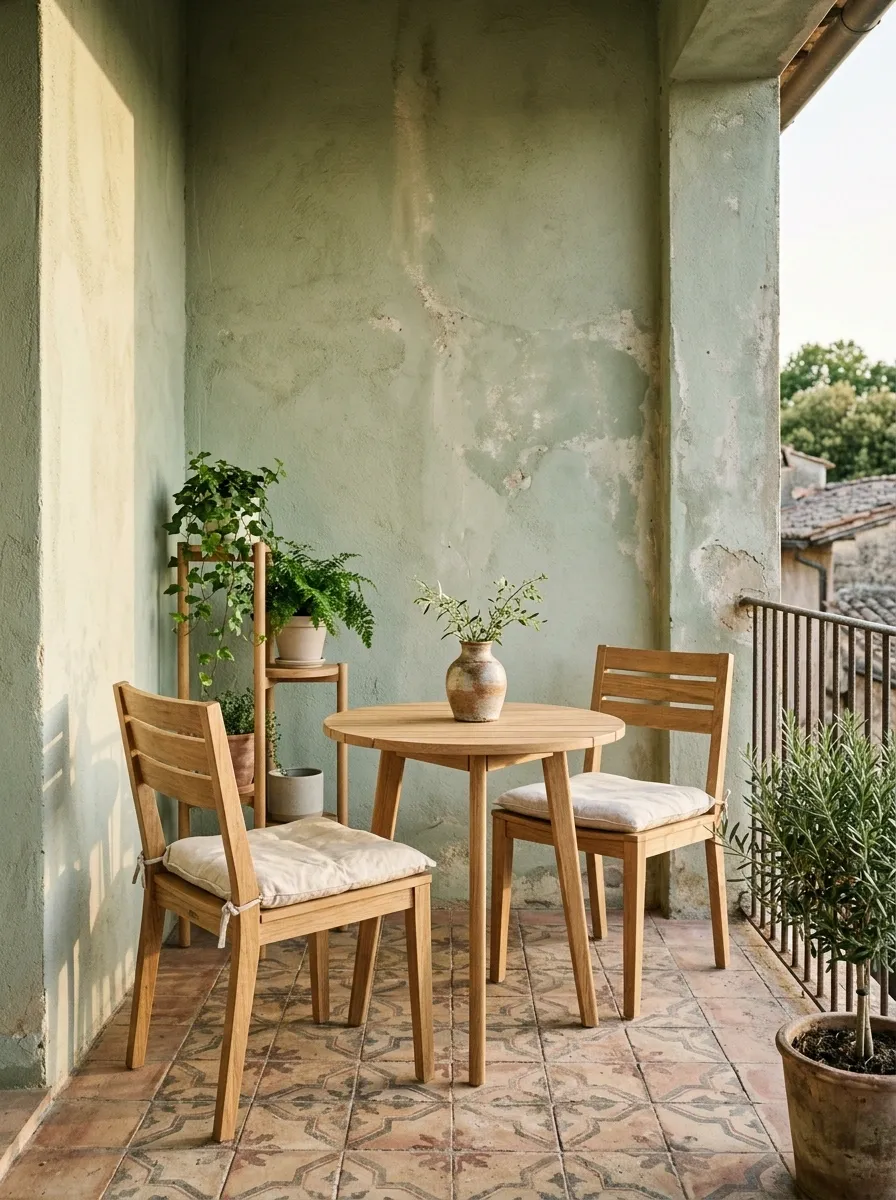 Faded Green, Terracotta Tile, and Oak Balcony