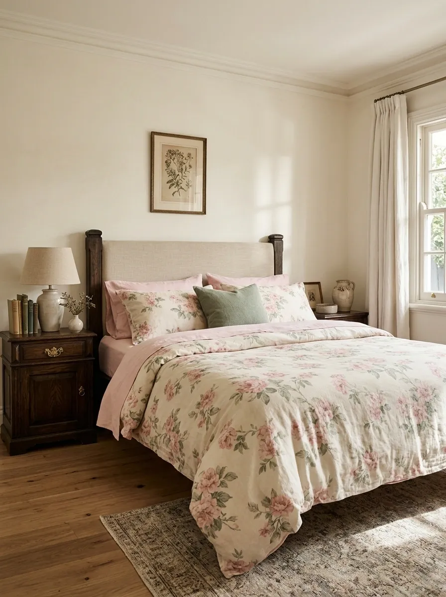 Faded Rose Floral Bedding With Antique Wood