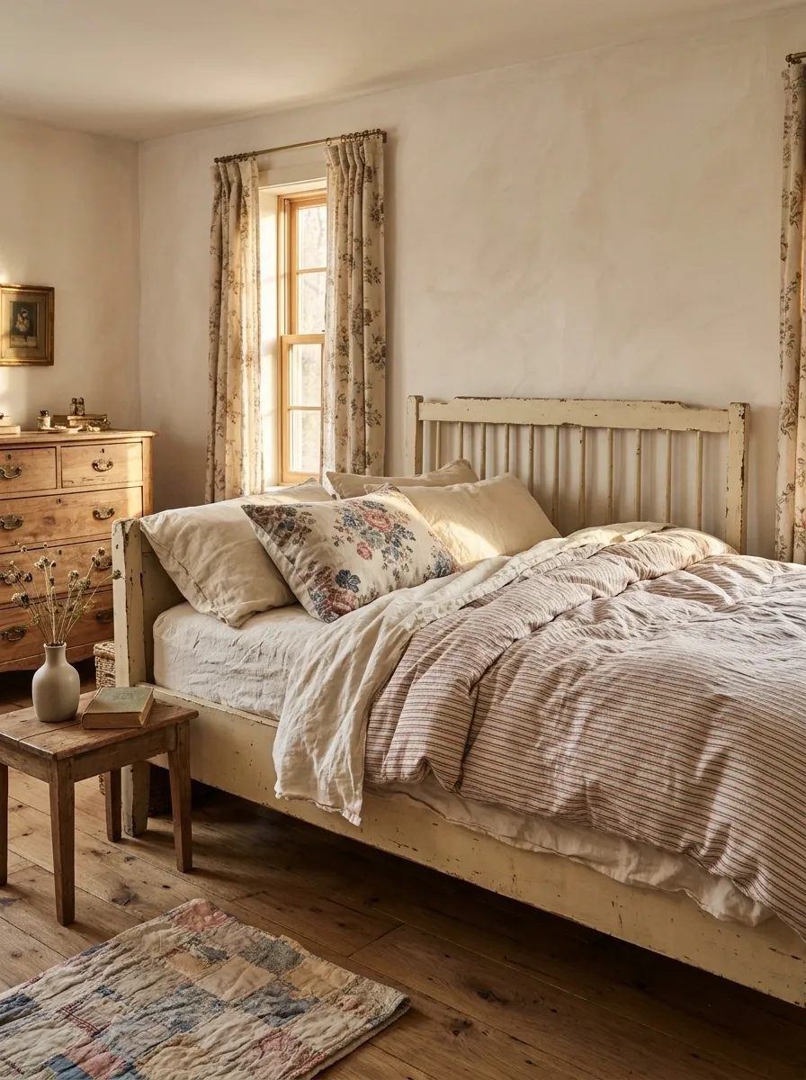 Faded Ticking Stripes in a Collected Vintage Cottage Bedroom