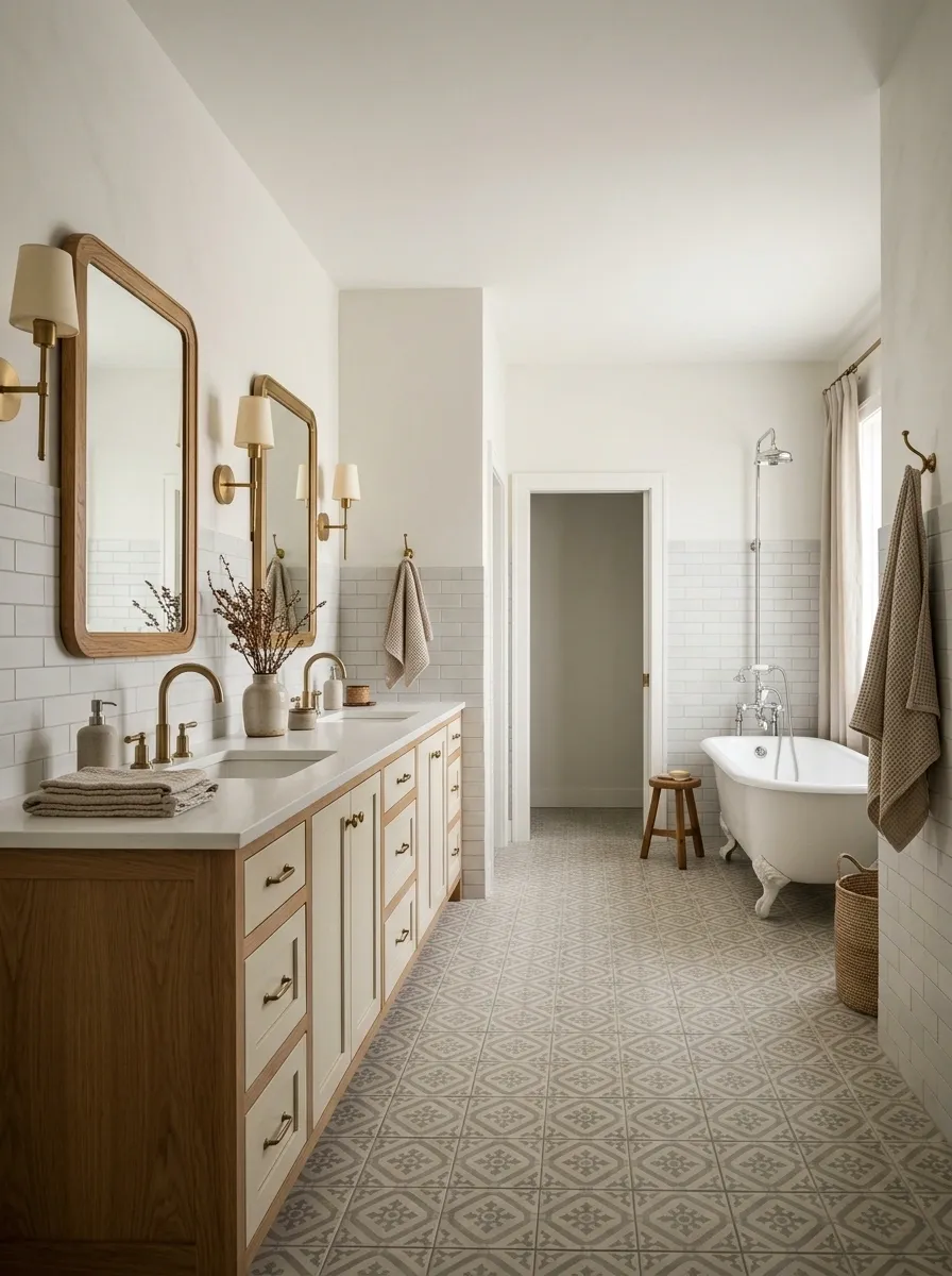 Family Farmhouse Bathroom With a Long Double Vanity
