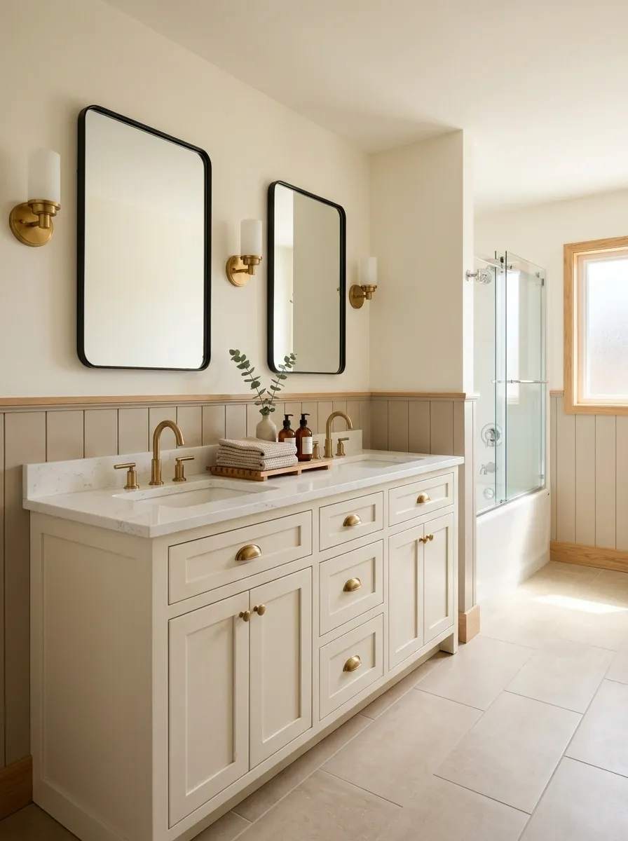 Family Farmhouse Bathroom With Durable Finishes and Twin Mirrors