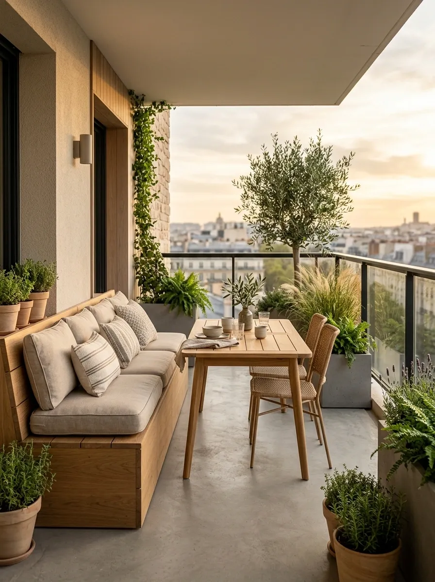 Family-Friendly Balcony With a Wide Bench and Flexible Table