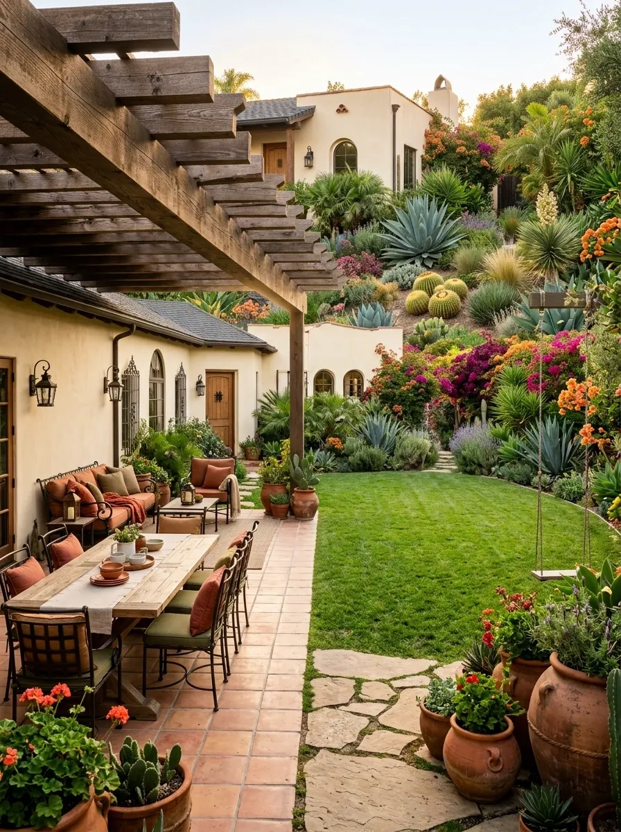 Family-Friendly Mexican Backyard With Open Lawn and Shaded Seating