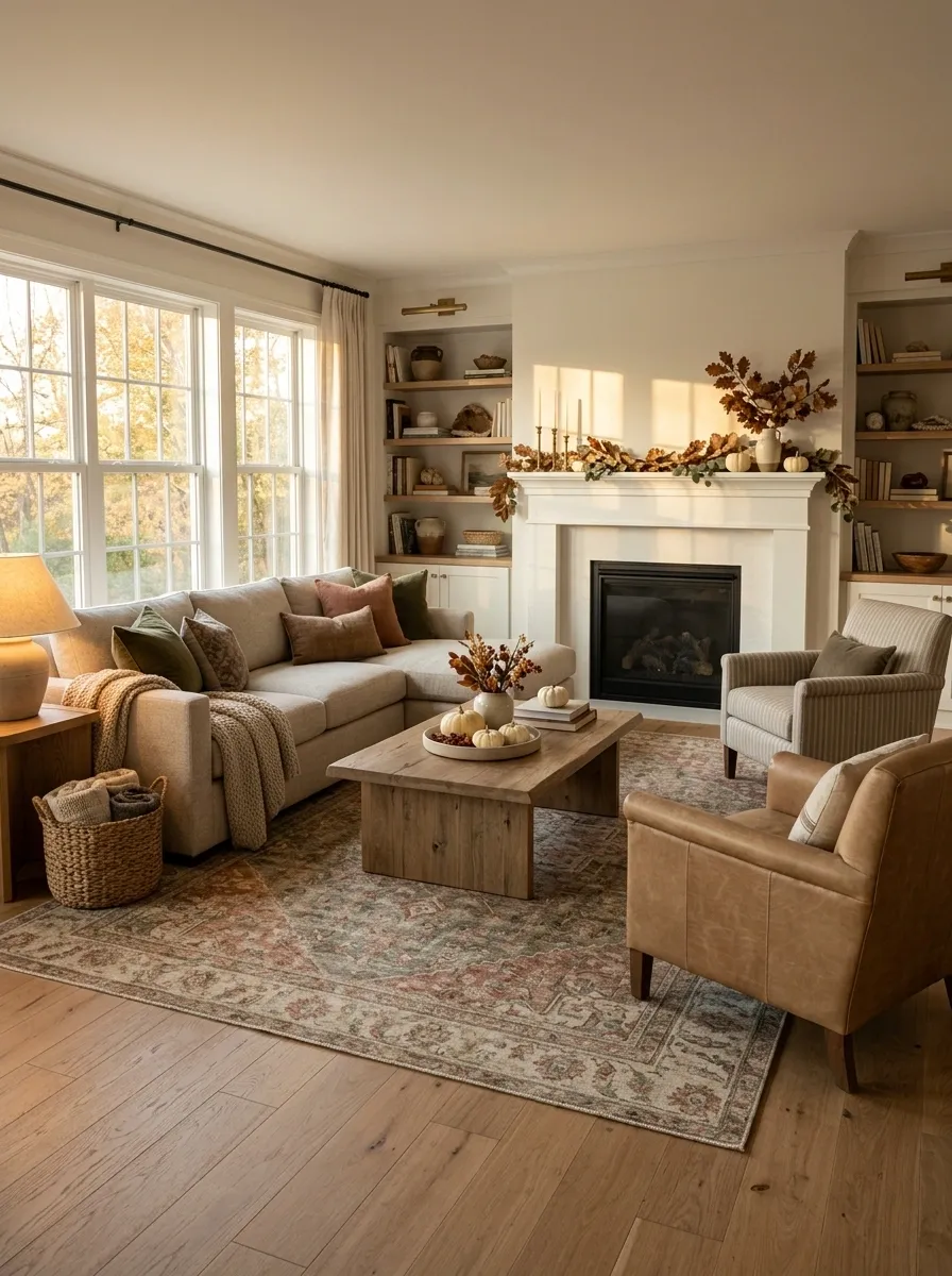 Family-Friendly Thanksgiving Living Room With a Low Seasonal Display