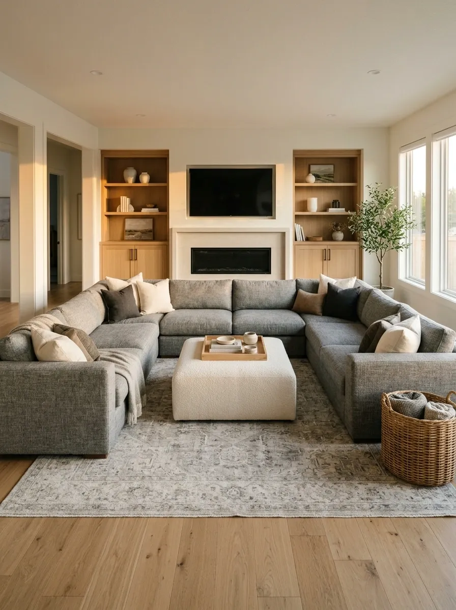 Family Living Room With a Broad Sectional and Clear Walkways