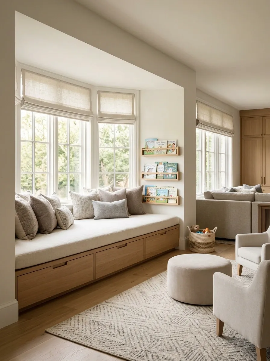 Family Room Bay Window With a Low Play and Reading Nook