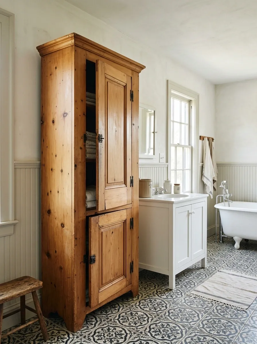 Farmhouse Bathroom With a Vintage Pine Linen Cupboard