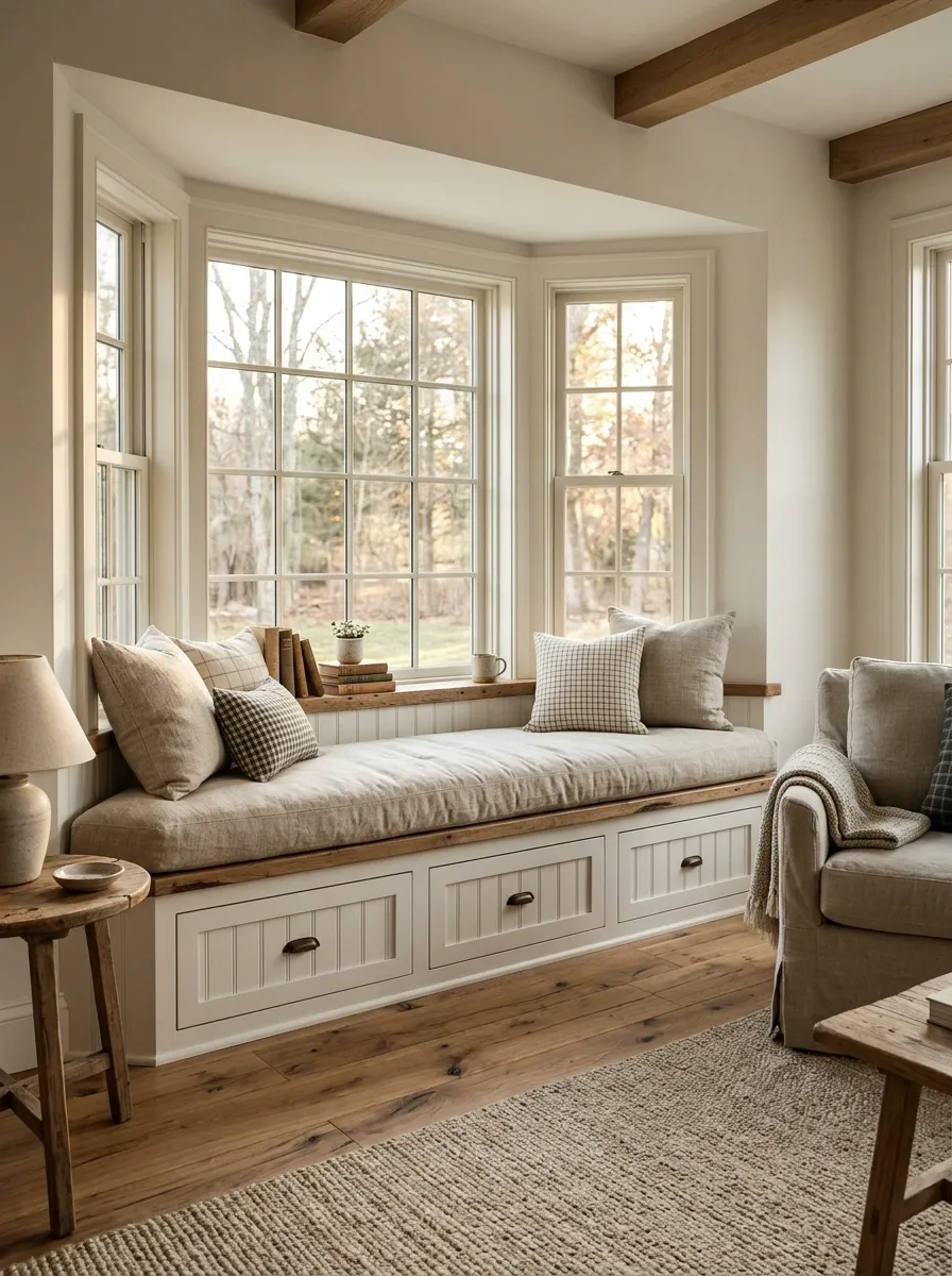 Farmhouse Bay Window With Painted Beadboard and a Deep Built-In Bench