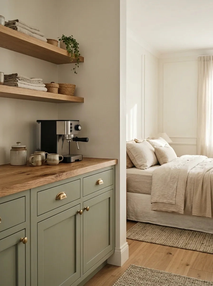 Farmhouse Bedroom Coffee Station With Painted Shaker Cabinetry