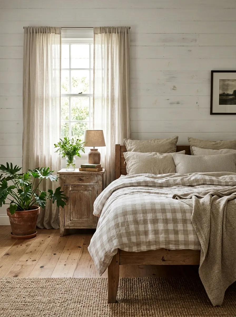 Farmhouse Bedroom With Whitewashed Wood and Fresh Greenery