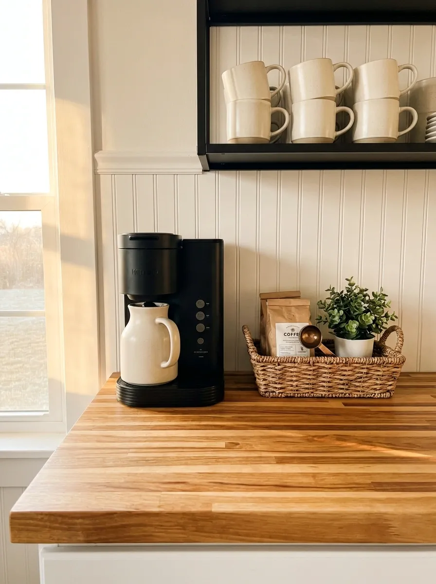 Farmhouse Coffee Corner With Beadboard and Butcher Block