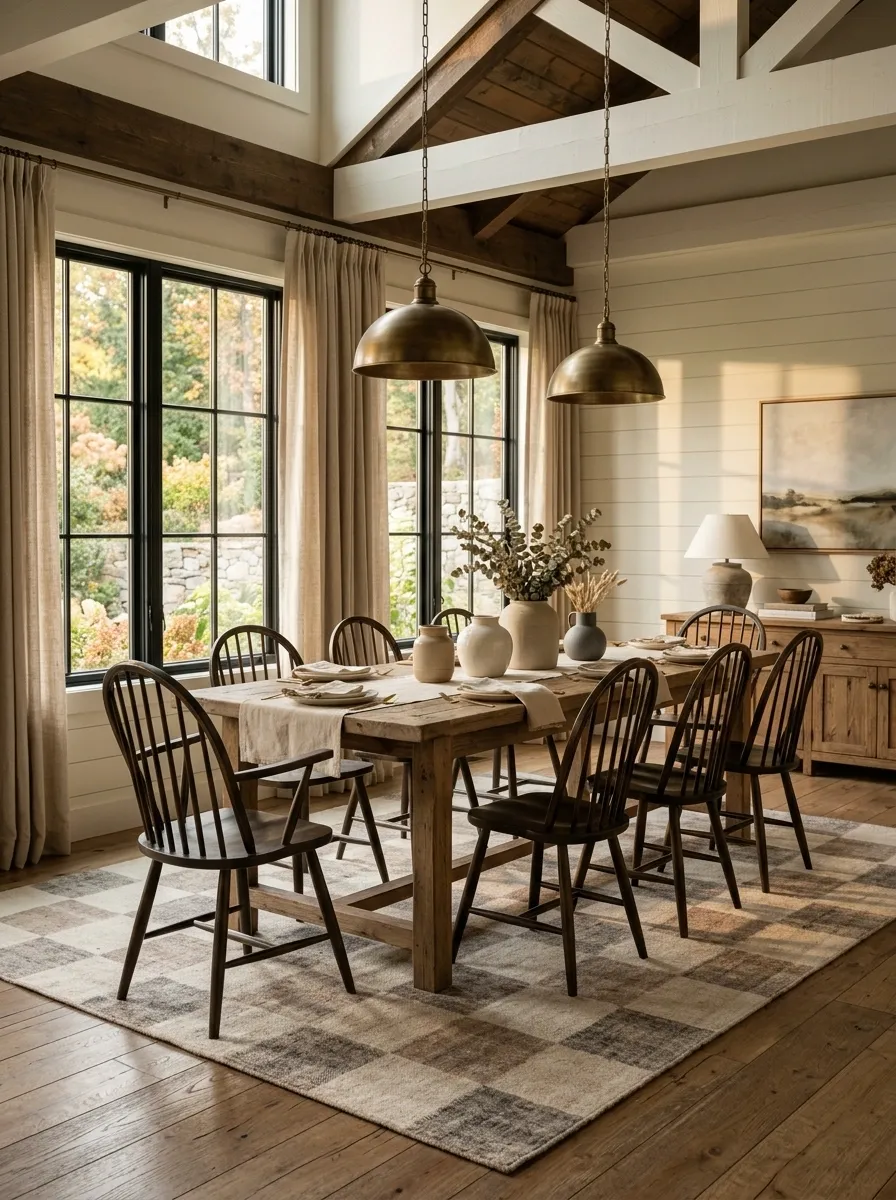 Farmhouse Dining Room With a Muted Checkered Rug