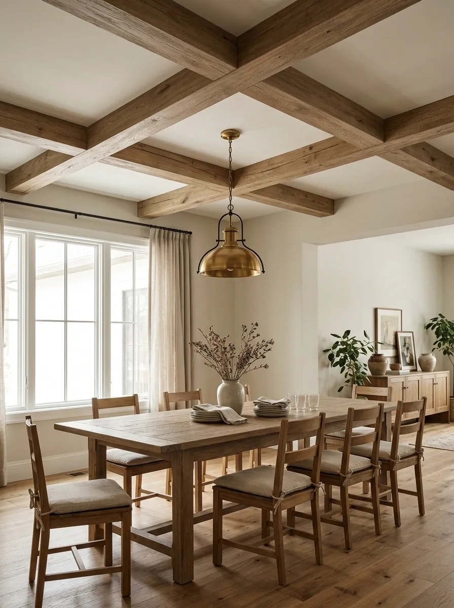 Farmhouse Dining Room With Faux Beams and Painted Infill