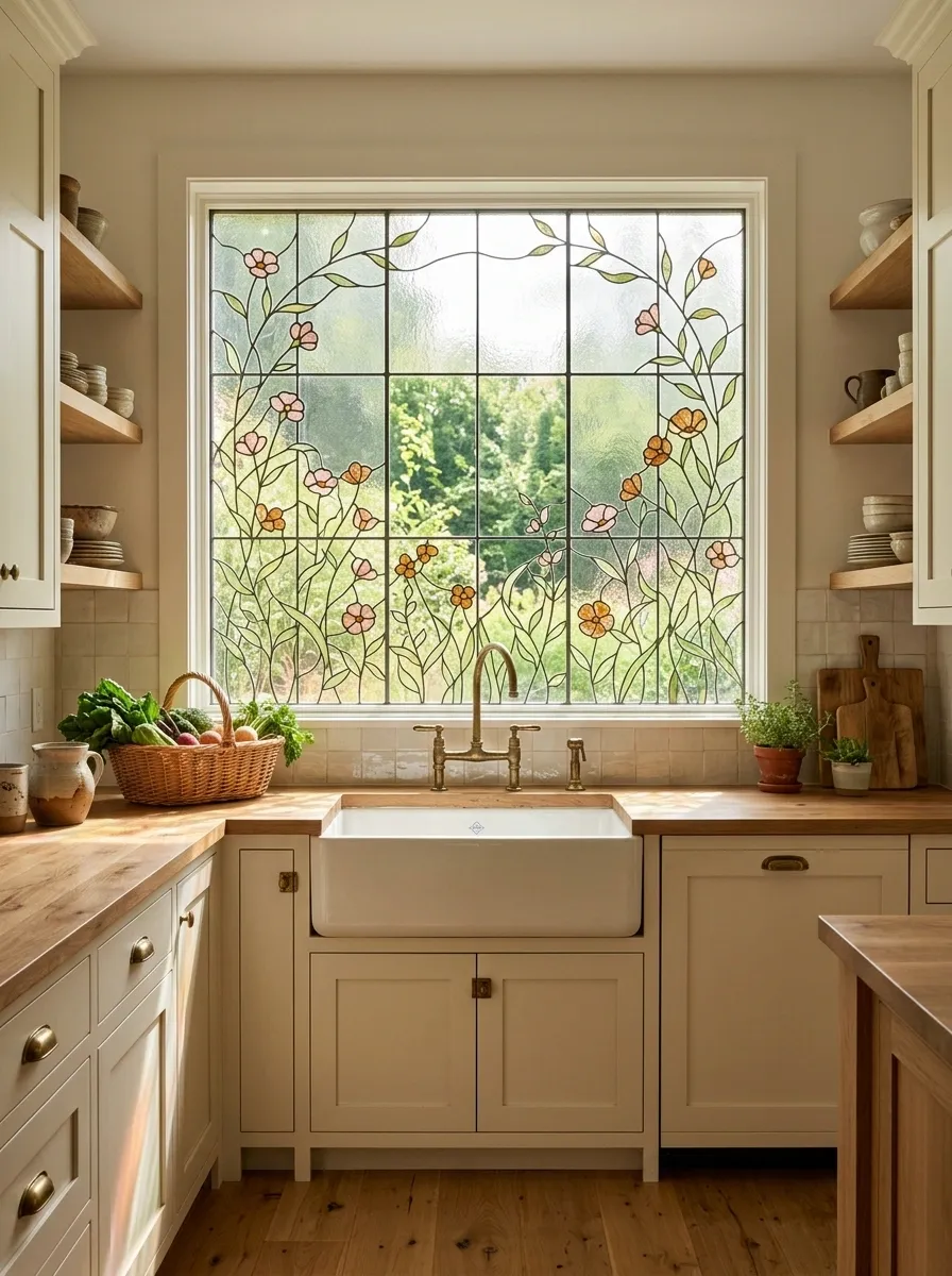 Farmhouse Kitchen With a Wildflower Stained Glass Window